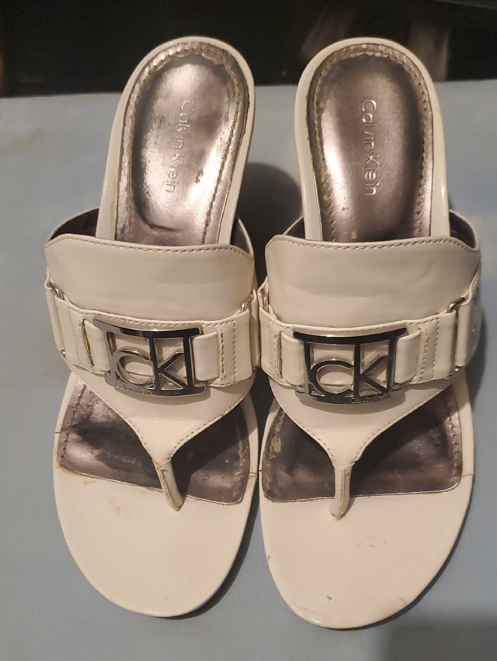 Calvin Klein White Leather Thong Sandals with Silver CK Logo